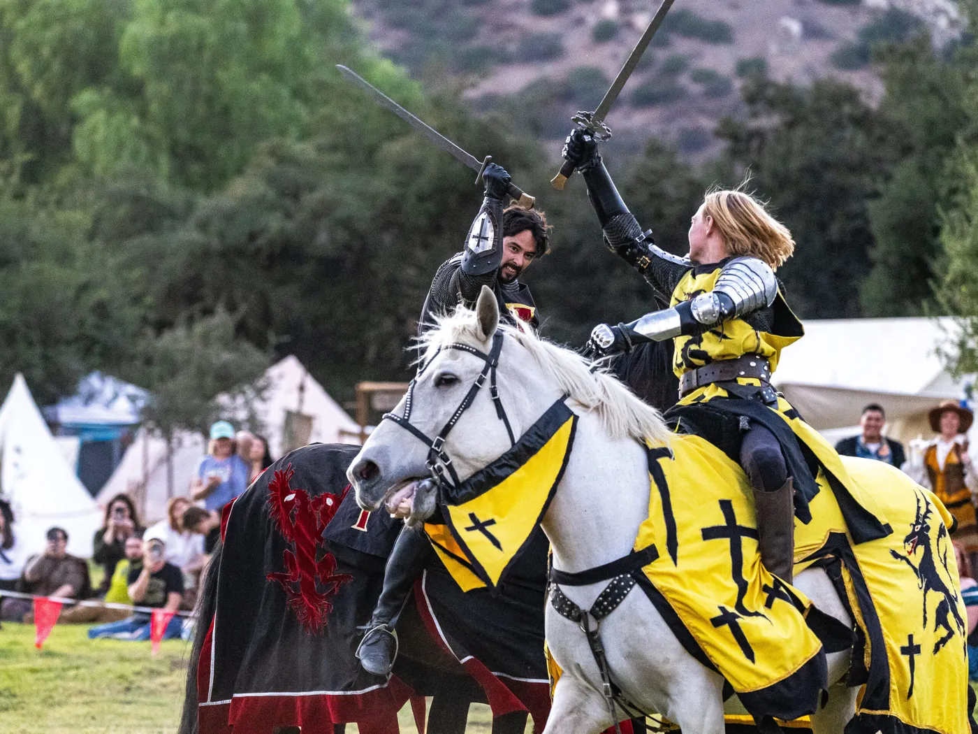 Two armoured knights on horseback in yellow and black caparisons at the joust